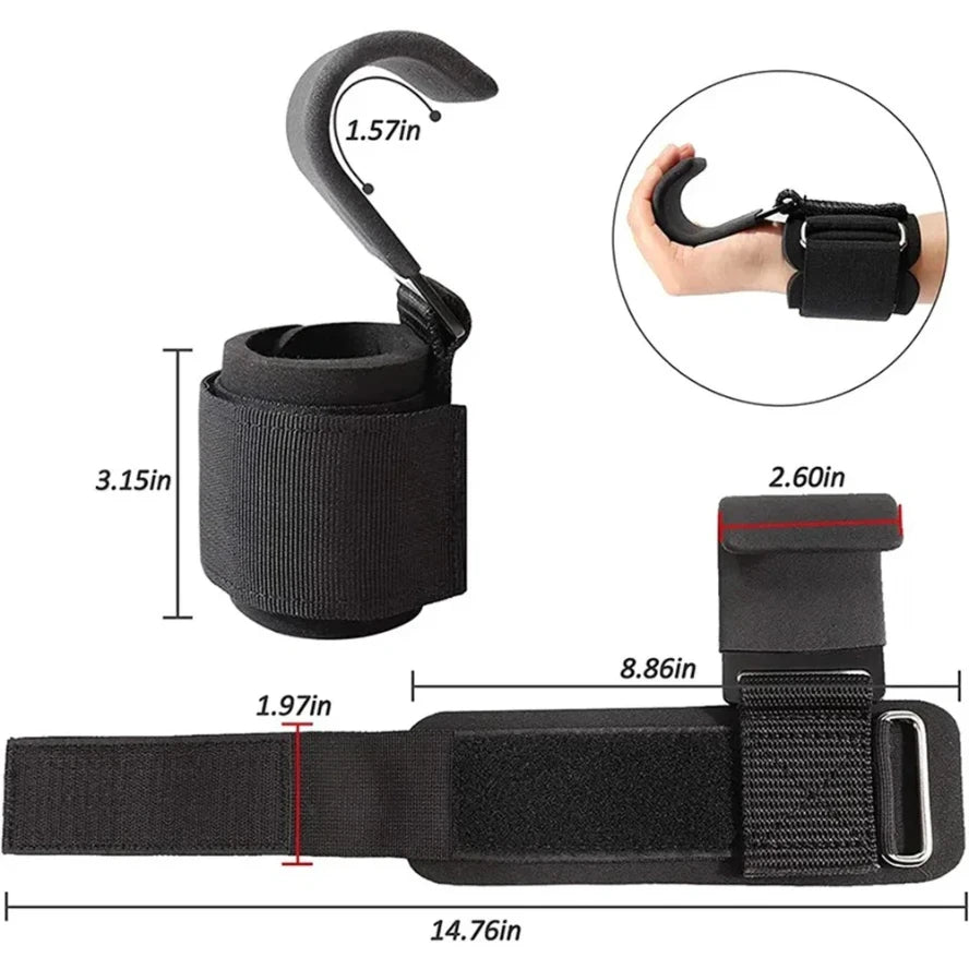 Technical drawing: hook depth 1.57 in, cuff height 3.15 in, strap 14.76 by 1.97 in, plate 2.60 in