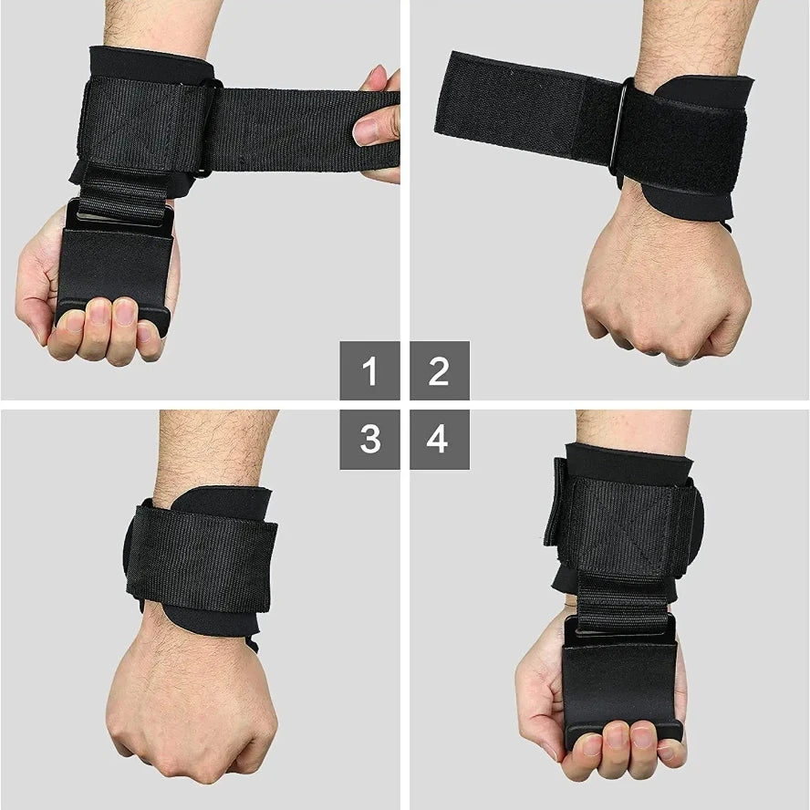 Four photos showing the strap being pulled, wrapped, closed and the hook set